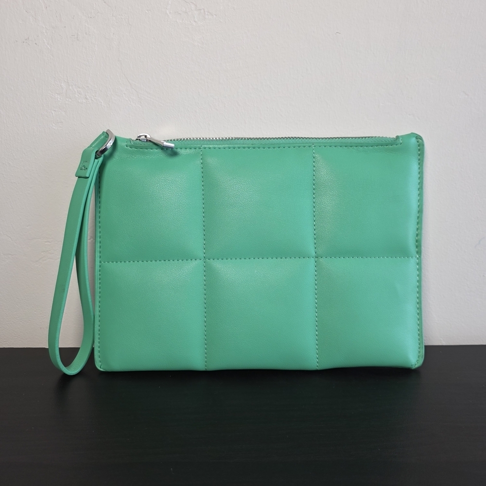 A New Day Green Wristlet Clutch Faux Leather Minimalist Zip Bag